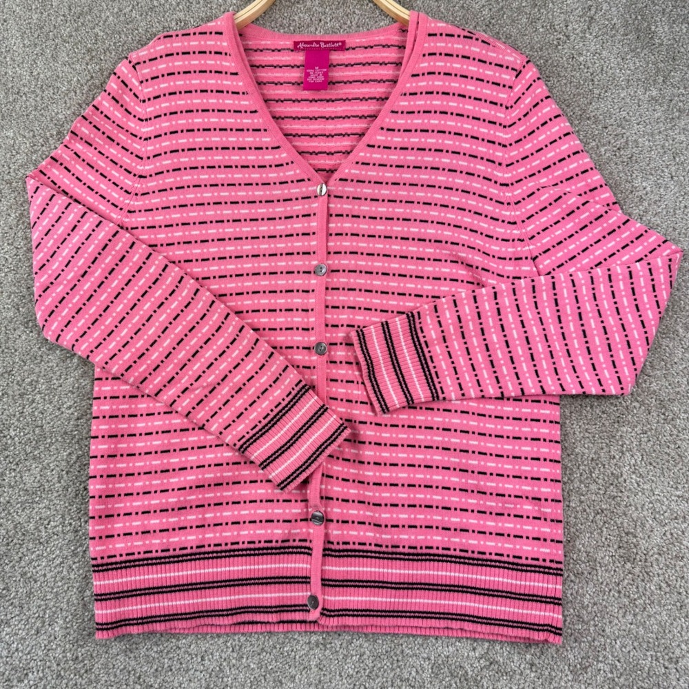 Alexandra Bartlett Cardigan Women Medium Pink Striped Preppy Cotton Button Front